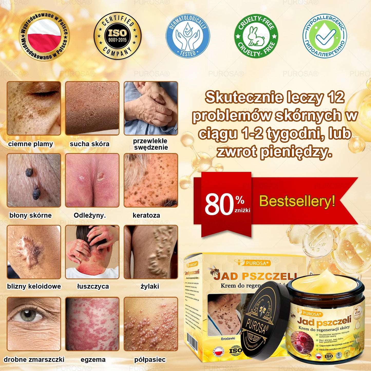 🌟PUROSA® Krem z Jadem Pszczelim do Regeneracji Skóry🐝|Kompleksowe rozwiązanie na uporczywe problemy skórne, takie jak starzenie się, egzema, blizny i łuszczyca